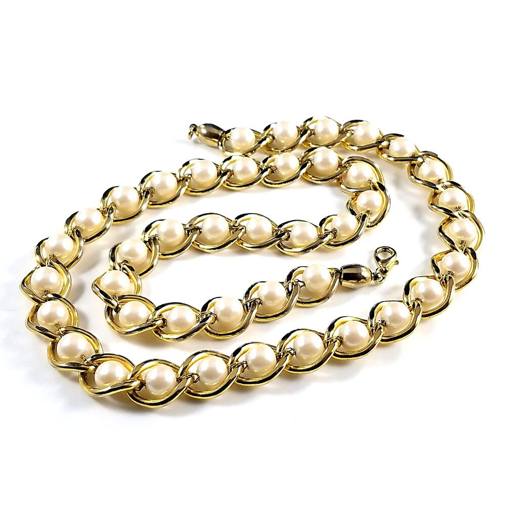 Vintage Glass Pearl Long Necklace, Strung on Chain, Gold Plated, 1980s, 23"